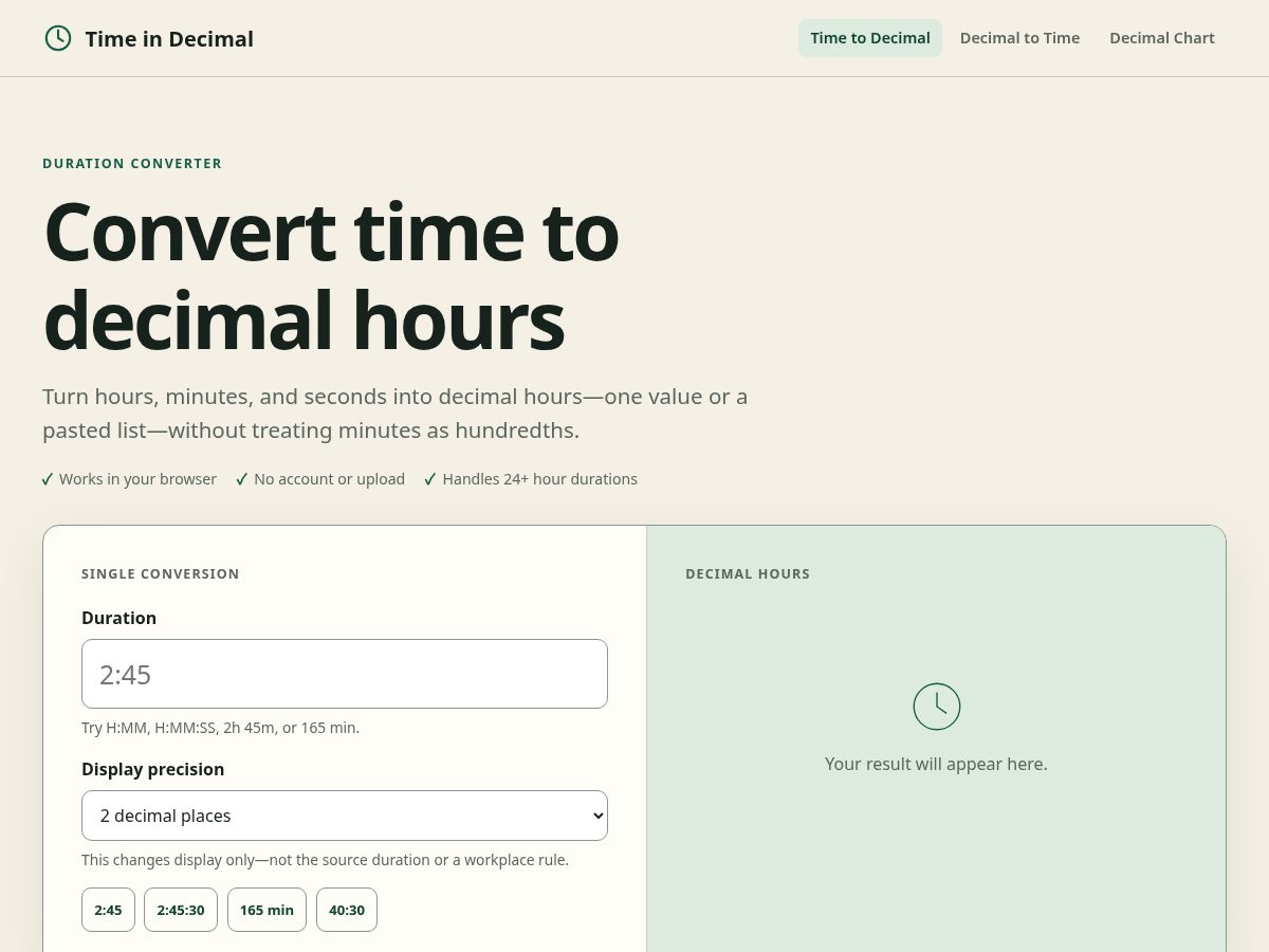 Landing-page snapshot of timeindecimal.com