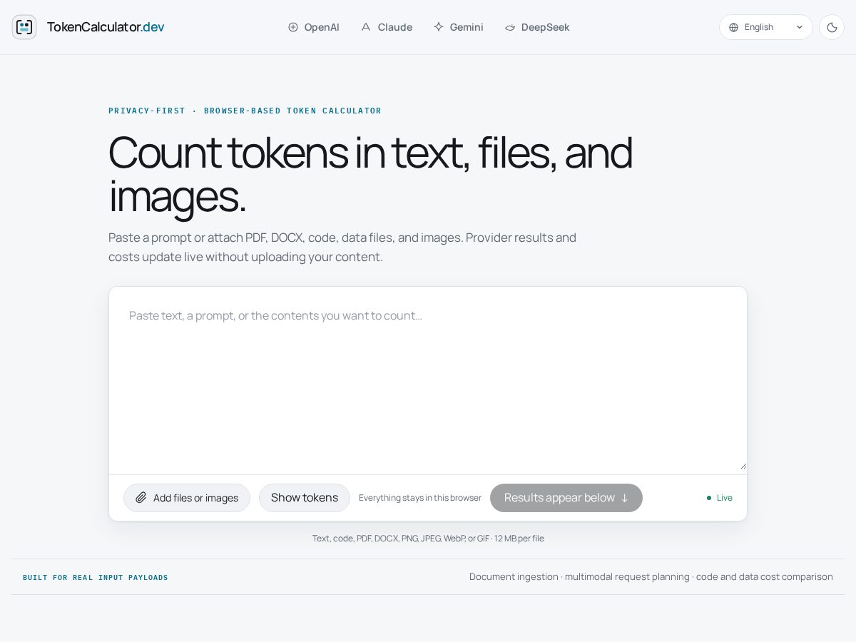 Landing-page snapshot of tokencalculator.dev