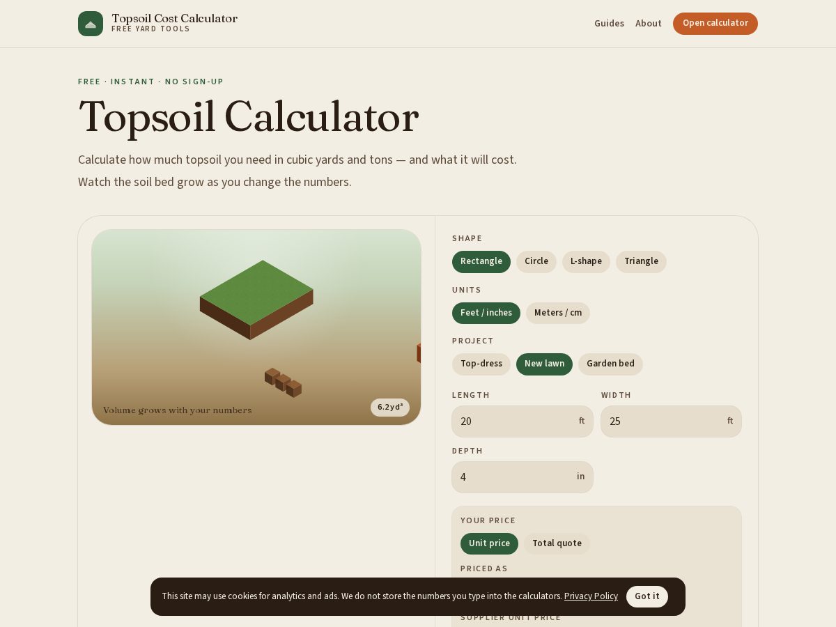 Landing-page snapshot of topsoilcostcalculator.com