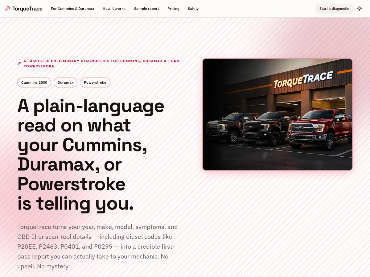 Landing-page snapshot of torquetracediesel.com