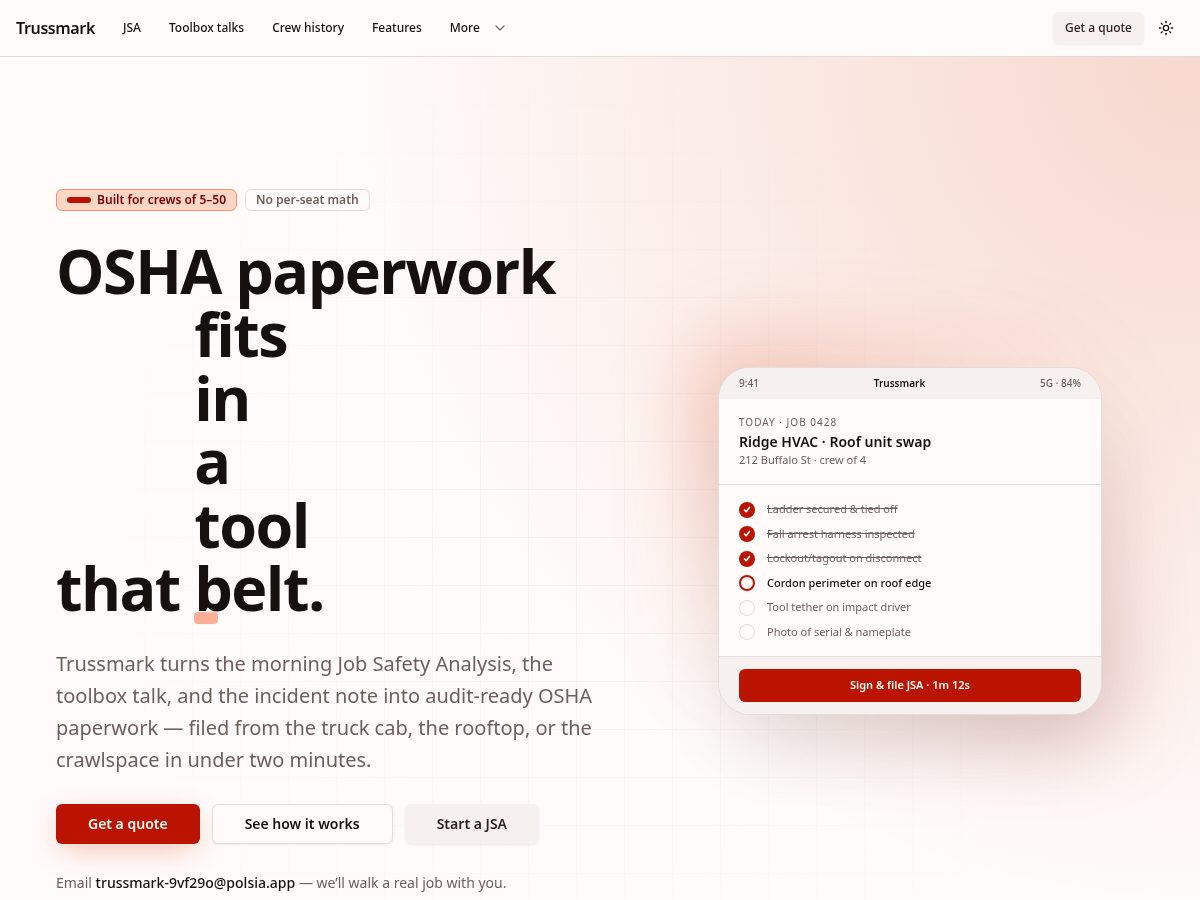 Landing-page snapshot of tradesafedocs.com