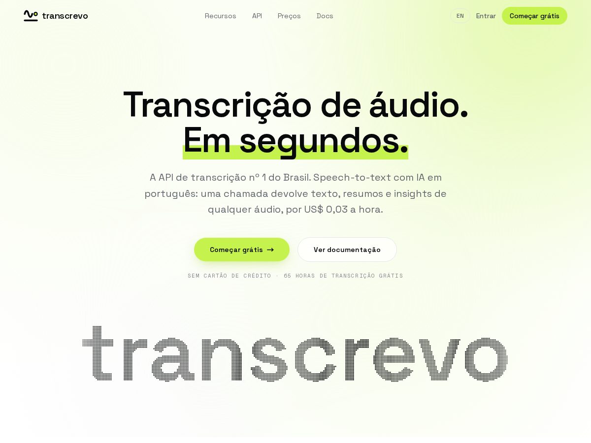 Landing-page snapshot of transcrevo.com