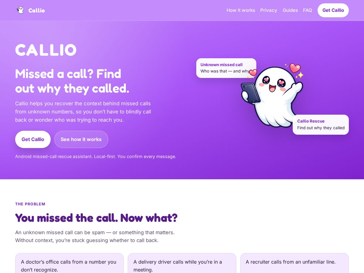 Landing-page snapshot of trycallio.app