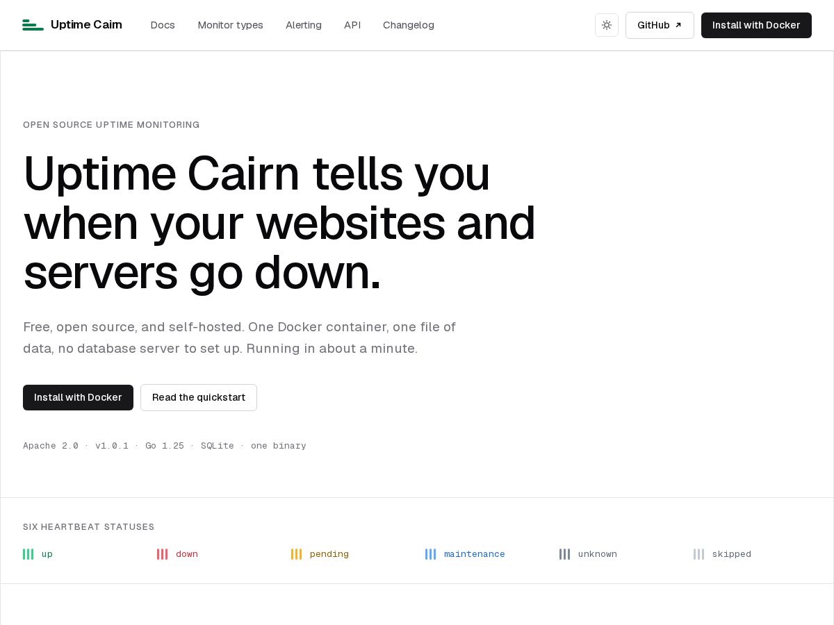 Landing-page snapshot of uptimecairn.dev