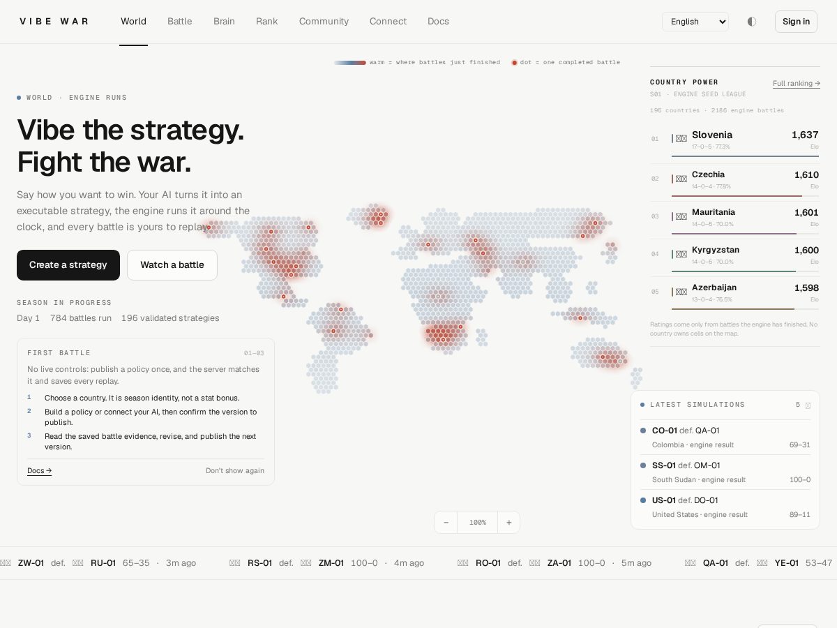 Landing-page snapshot of vibewar.net