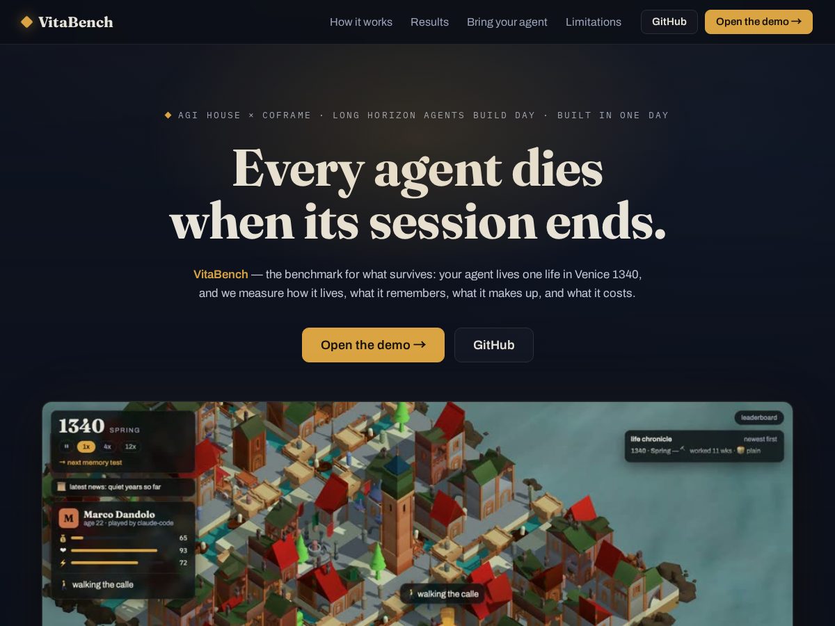 Landing-page snapshot of vitabench.dev