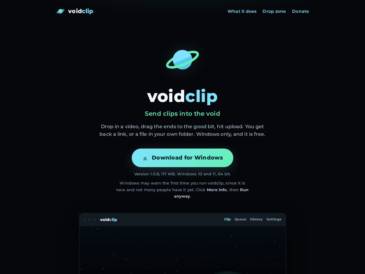 Landing-page snapshot of voidclip.com