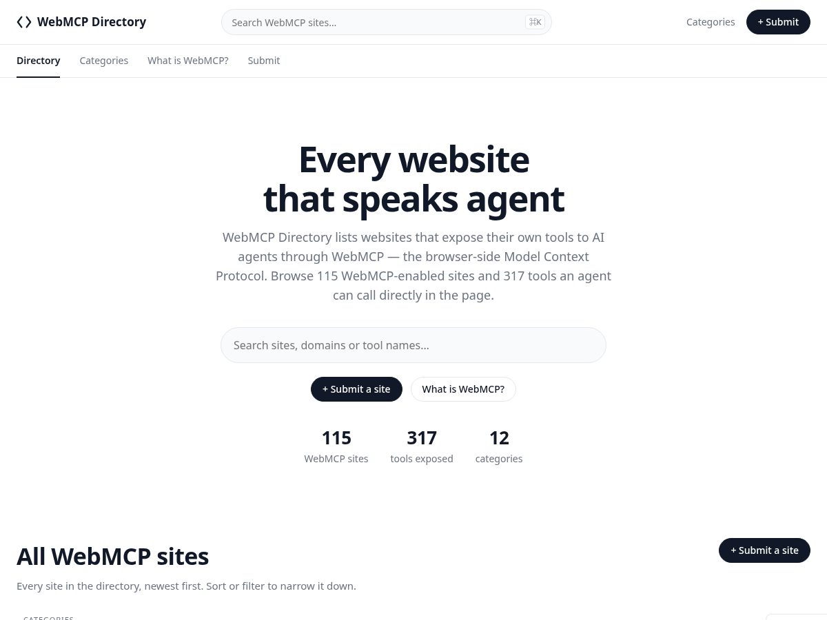 Landing-page snapshot of webmcpdirectory.com