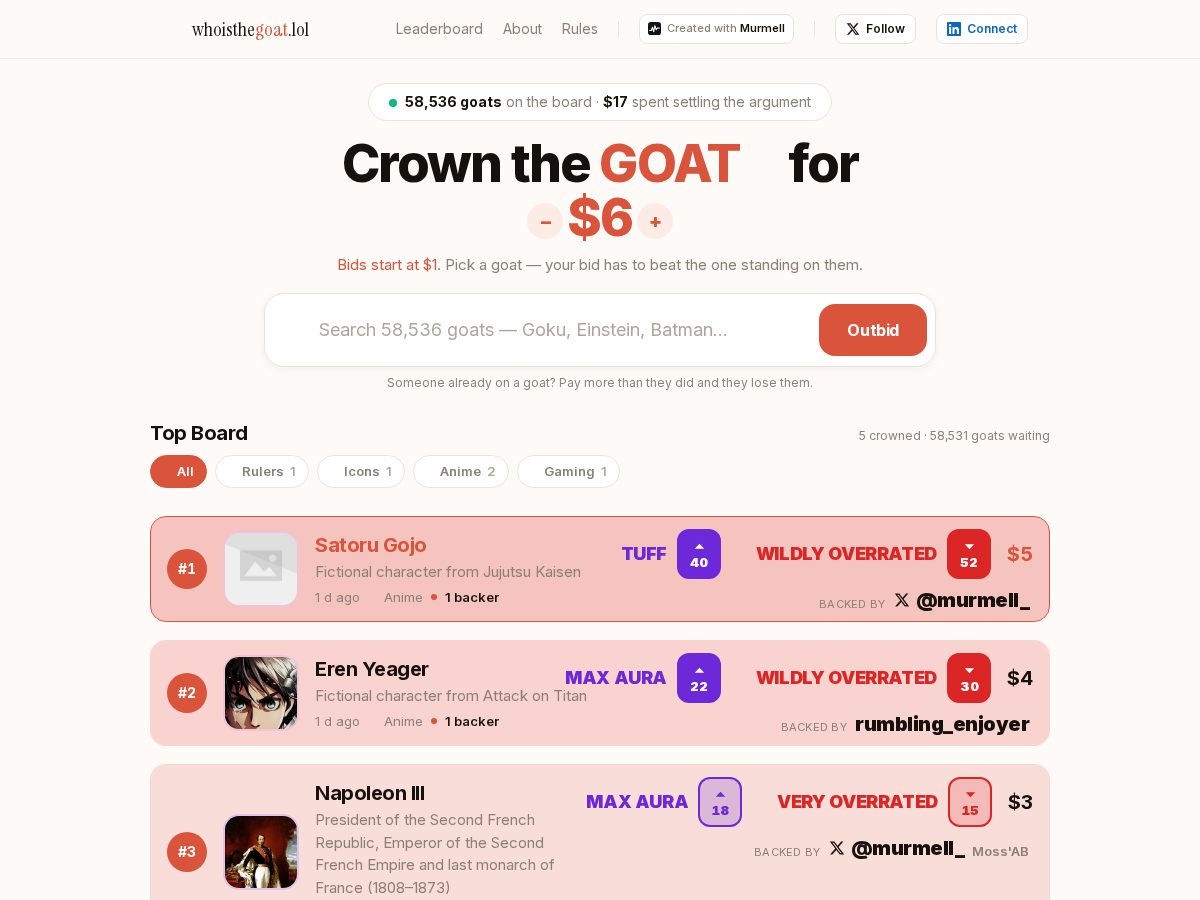 Landing-page snapshot of whoisthegoat.lol