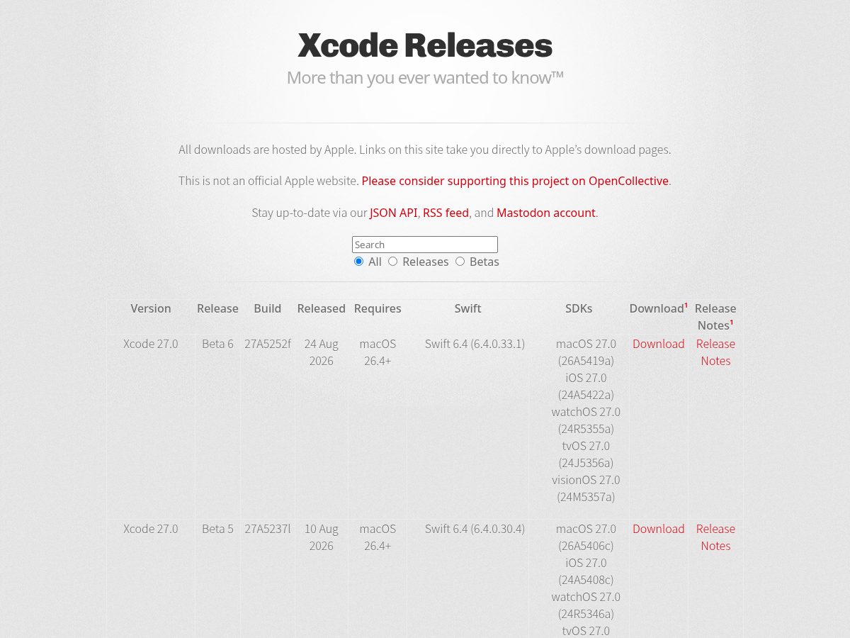 Landing-page snapshot of xcodereleases.org