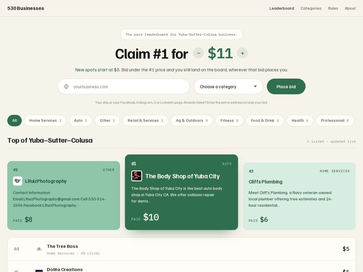 Landing-page snapshot of 530businesses.com