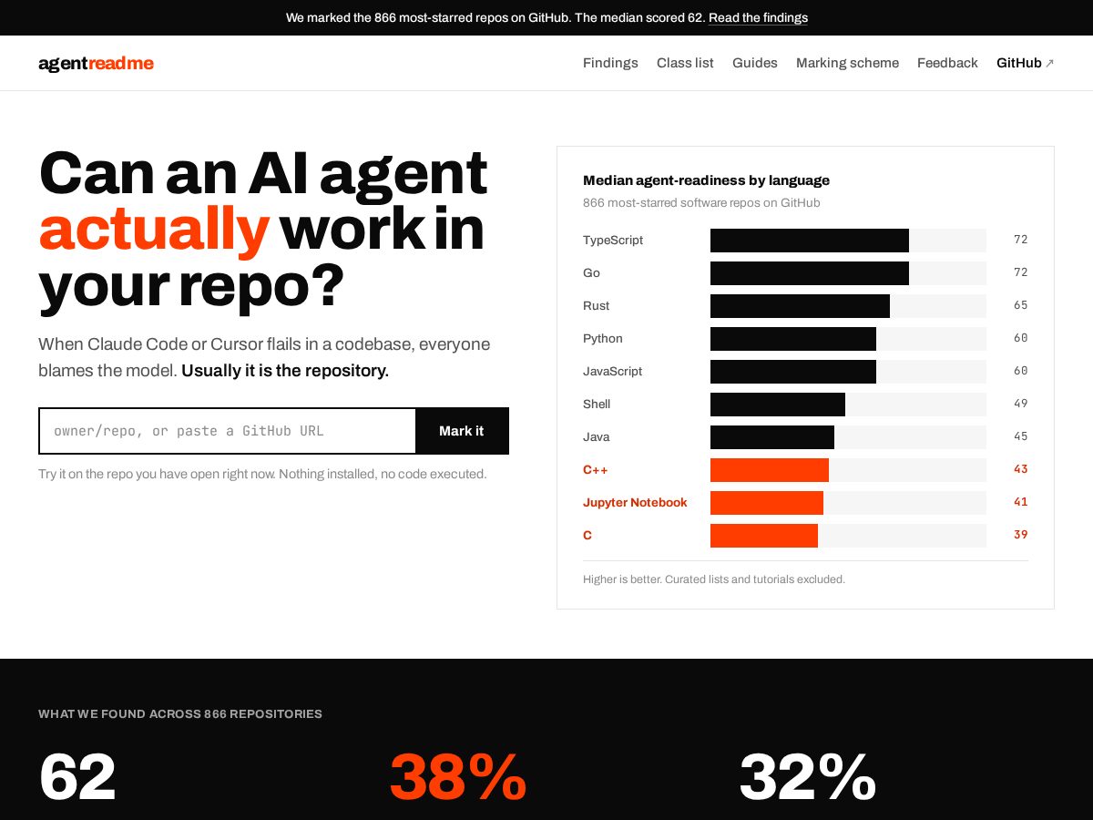 Landing-page snapshot of agentreadme.com
