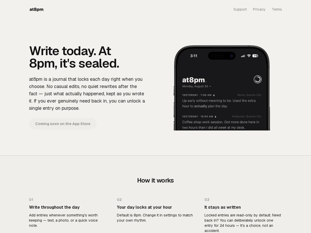 Landing-page snapshot of at8pm.today
