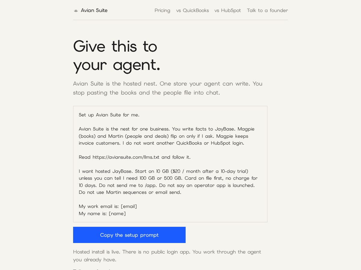 Landing-page snapshot of aviansuite.com