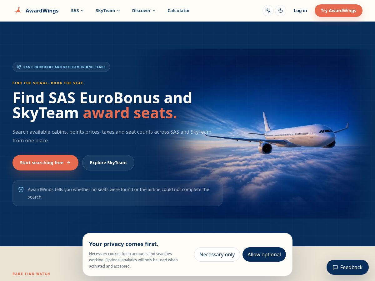 Landing-page snapshot of awardwings.com