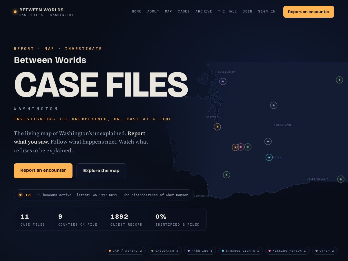 Landing-page snapshot of betweenworldscasefiles.com