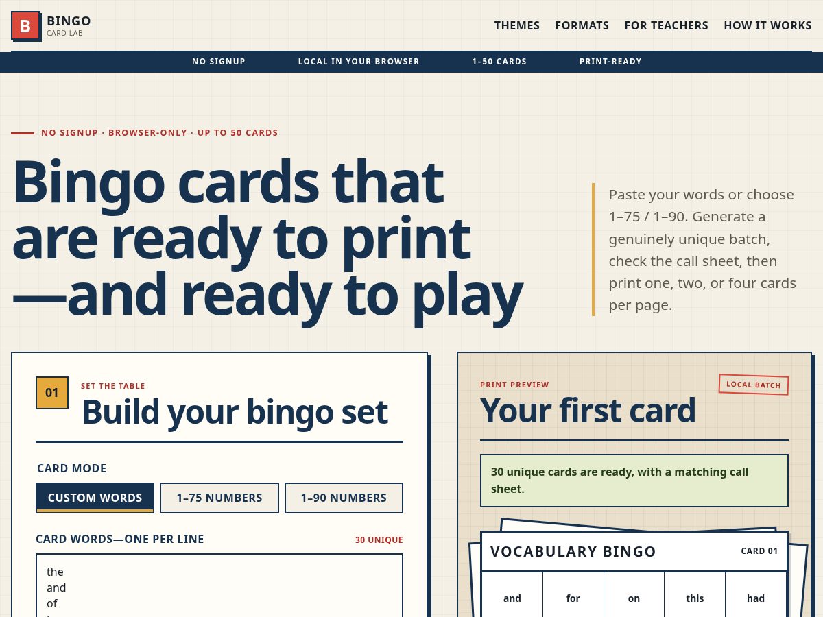 Landing-page snapshot of bingocardlab.buzz
