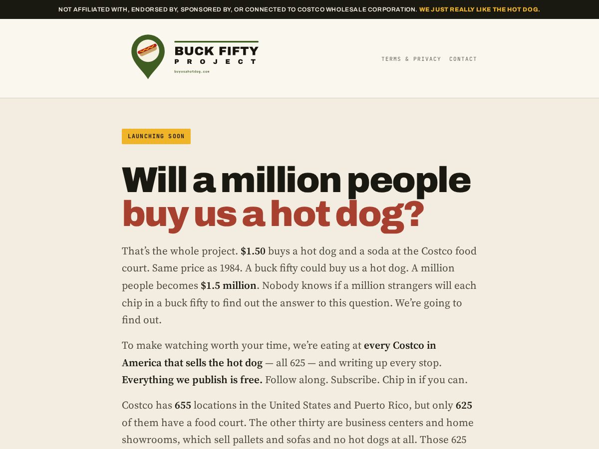 Landing-page snapshot of buckfiftyproject.com