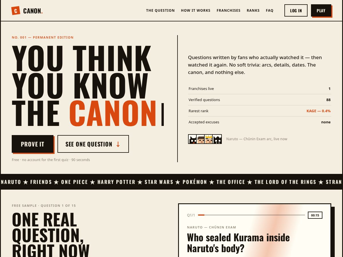 Landing-page snapshot of canonquiz.com