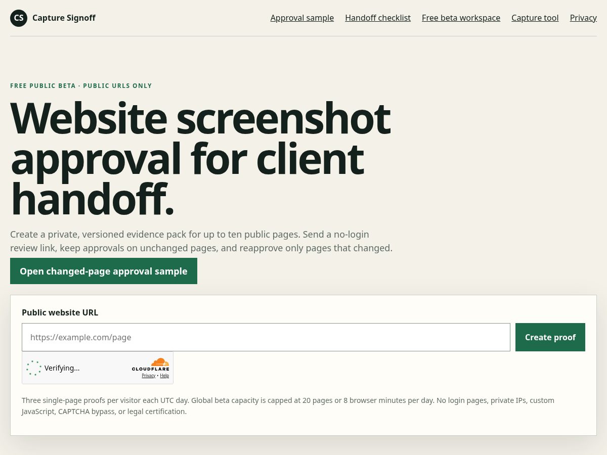 Landing-page snapshot of capturesignoff.com