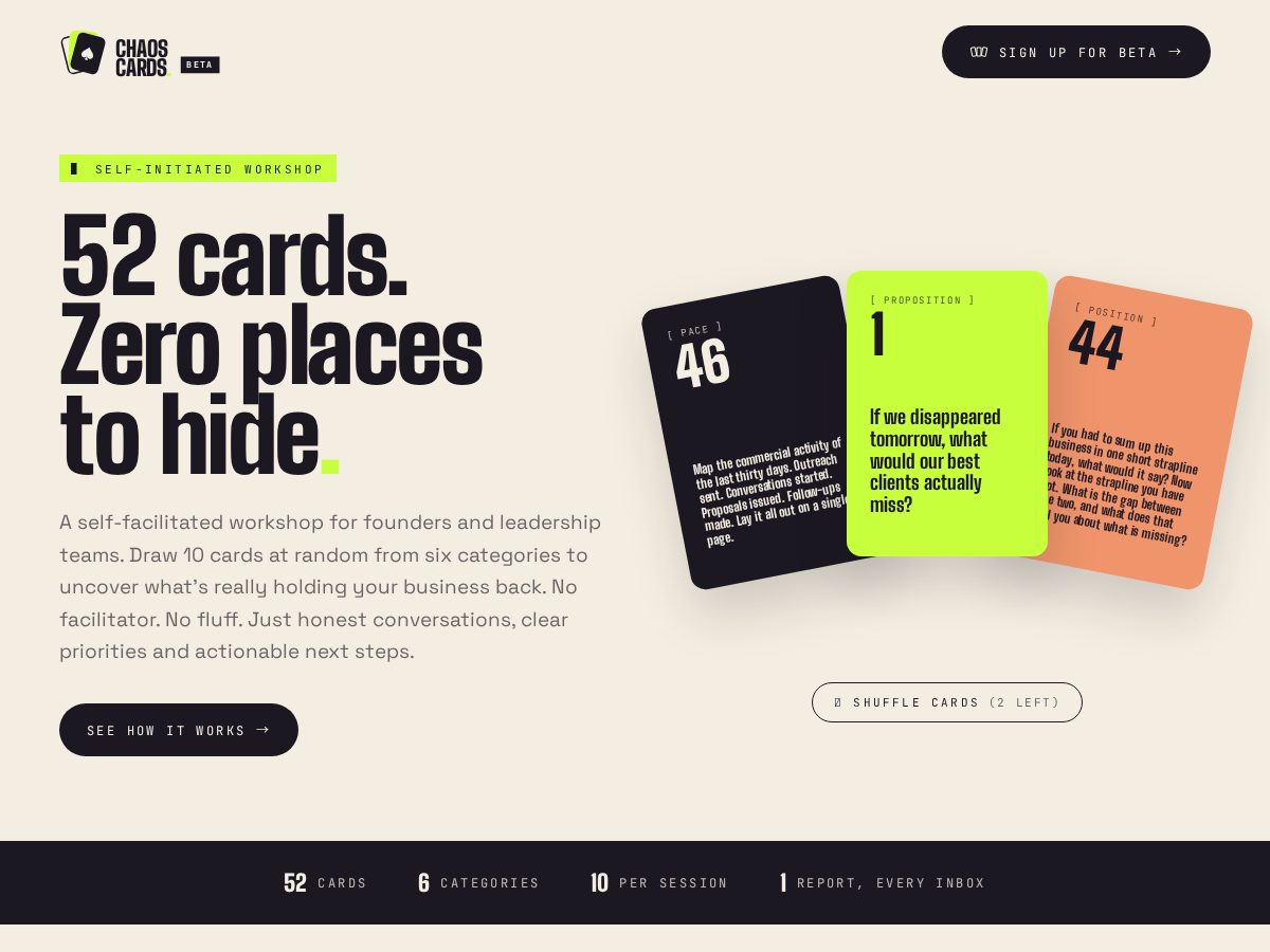 Landing-page snapshot of chaoscards.app