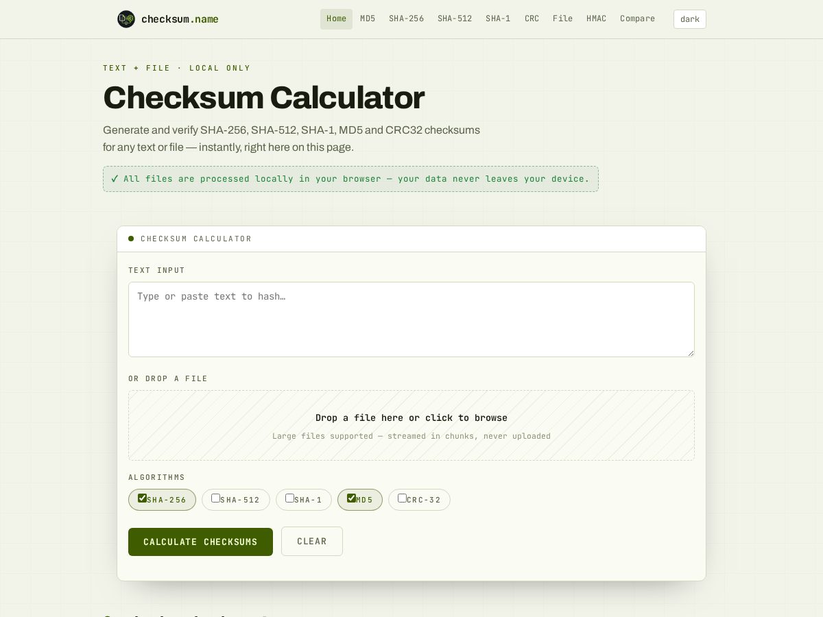 Landing-page snapshot of checksum.name