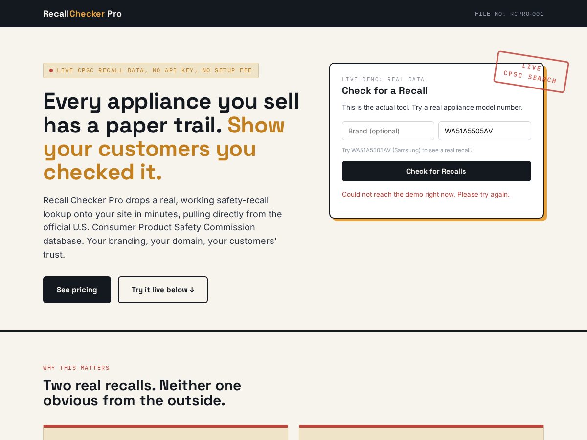 Landing-page snapshot of checktherecall.com