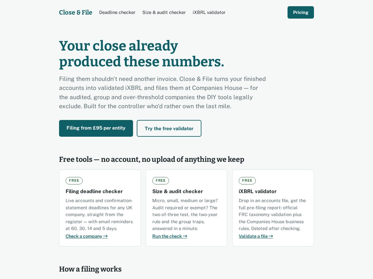 Landing-page snapshot of closeandfile.com