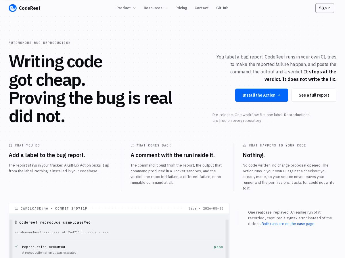 Landing-page snapshot of codereef.app