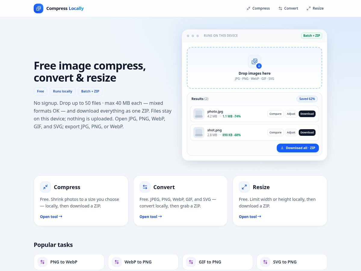 Landing-page snapshot of compresslocally.com