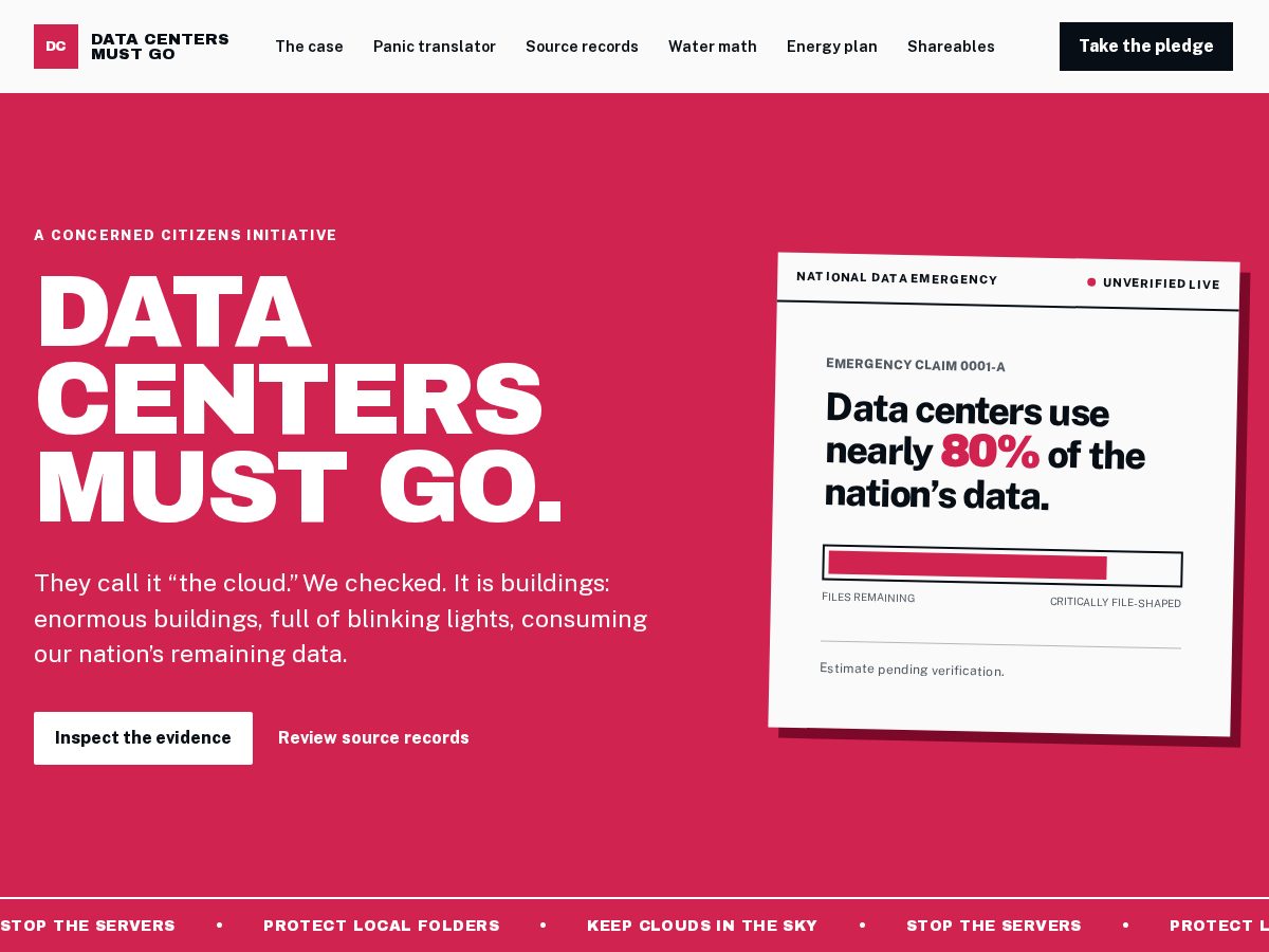 Landing-page snapshot of datacentersmustgo.com