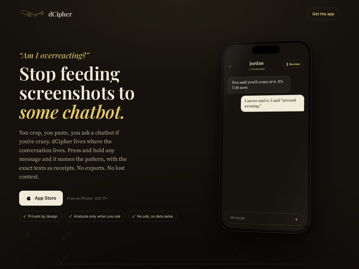 Landing-page snapshot of dcipher.chat