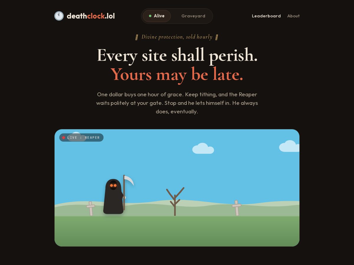 Landing-page snapshot of deathclock.lol