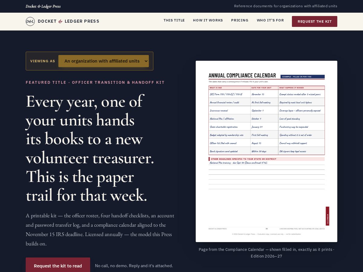 Landing-page snapshot of docketandledger.com