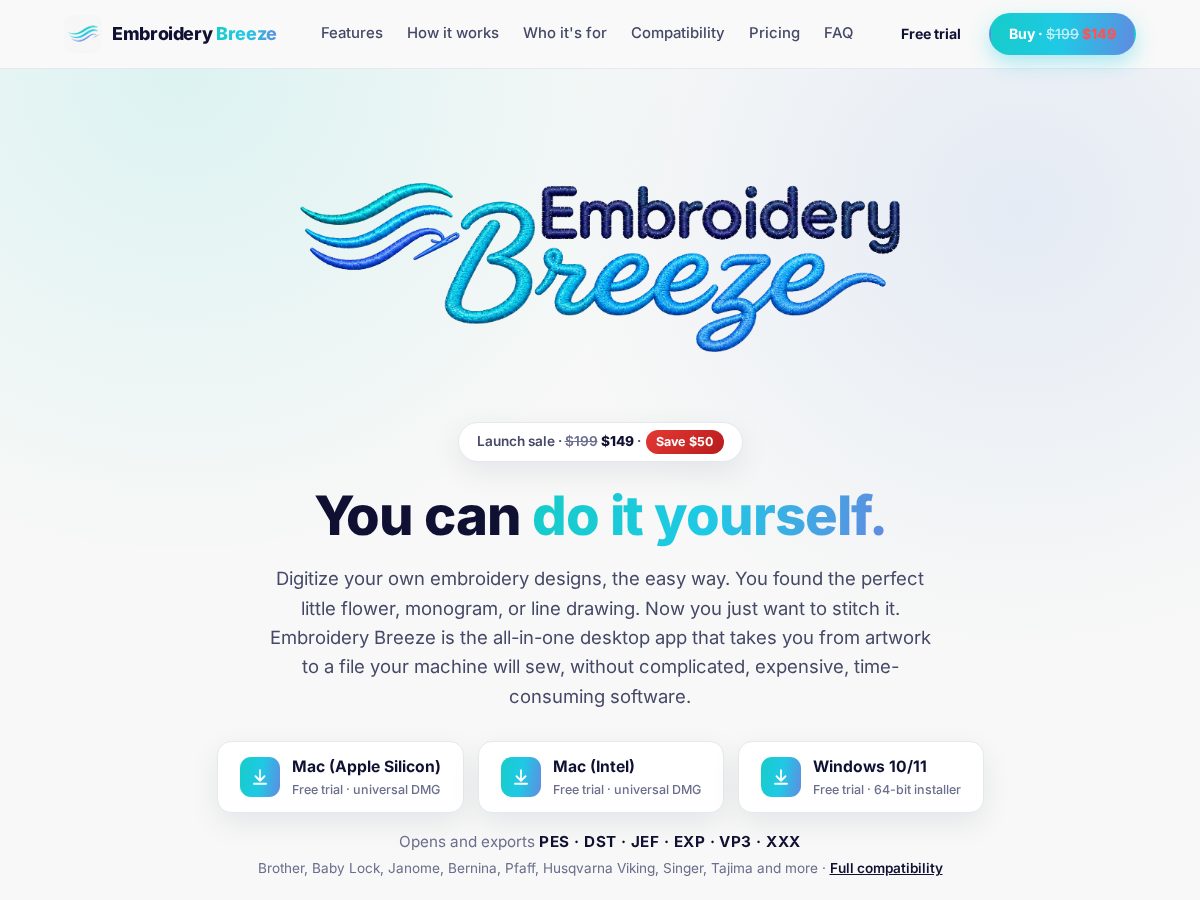 Landing-page snapshot of embroiderybreeze.com