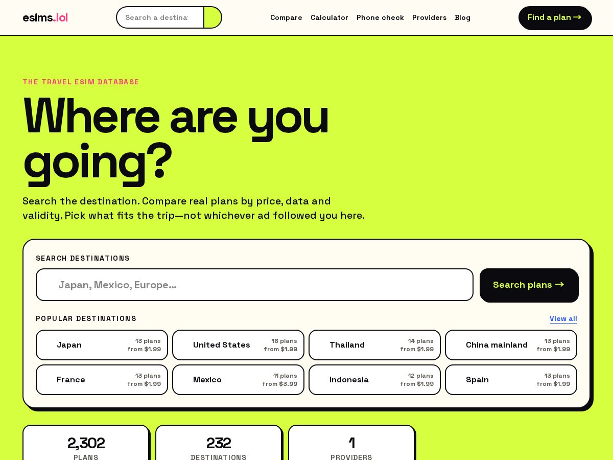 Landing-page snapshot of esims.lol