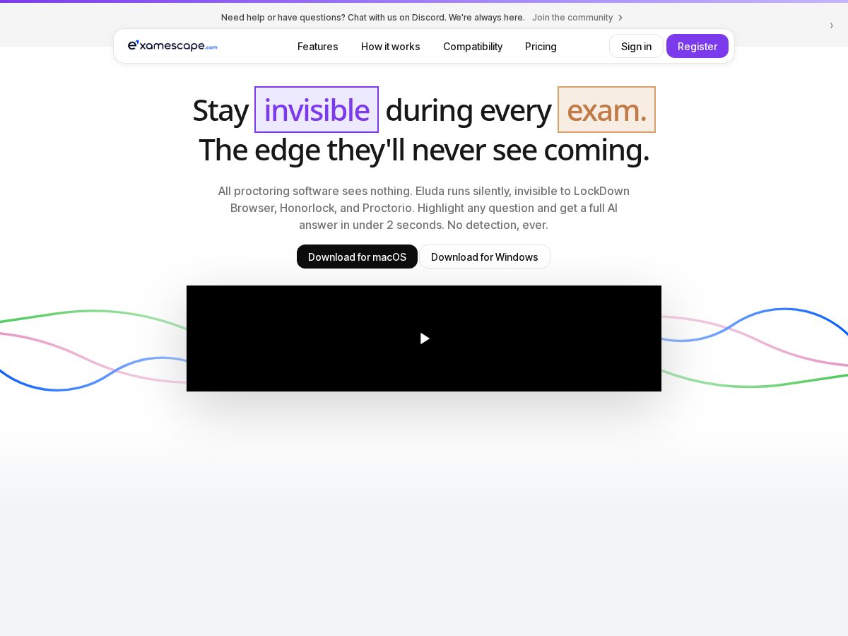 Landing-page snapshot of examescape.com
