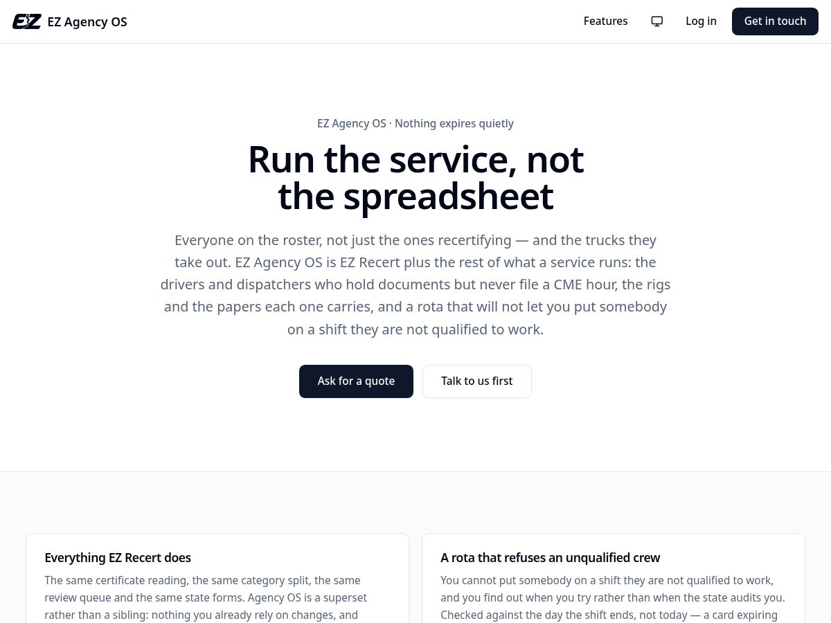 Landing-page snapshot of ezagencyos.com