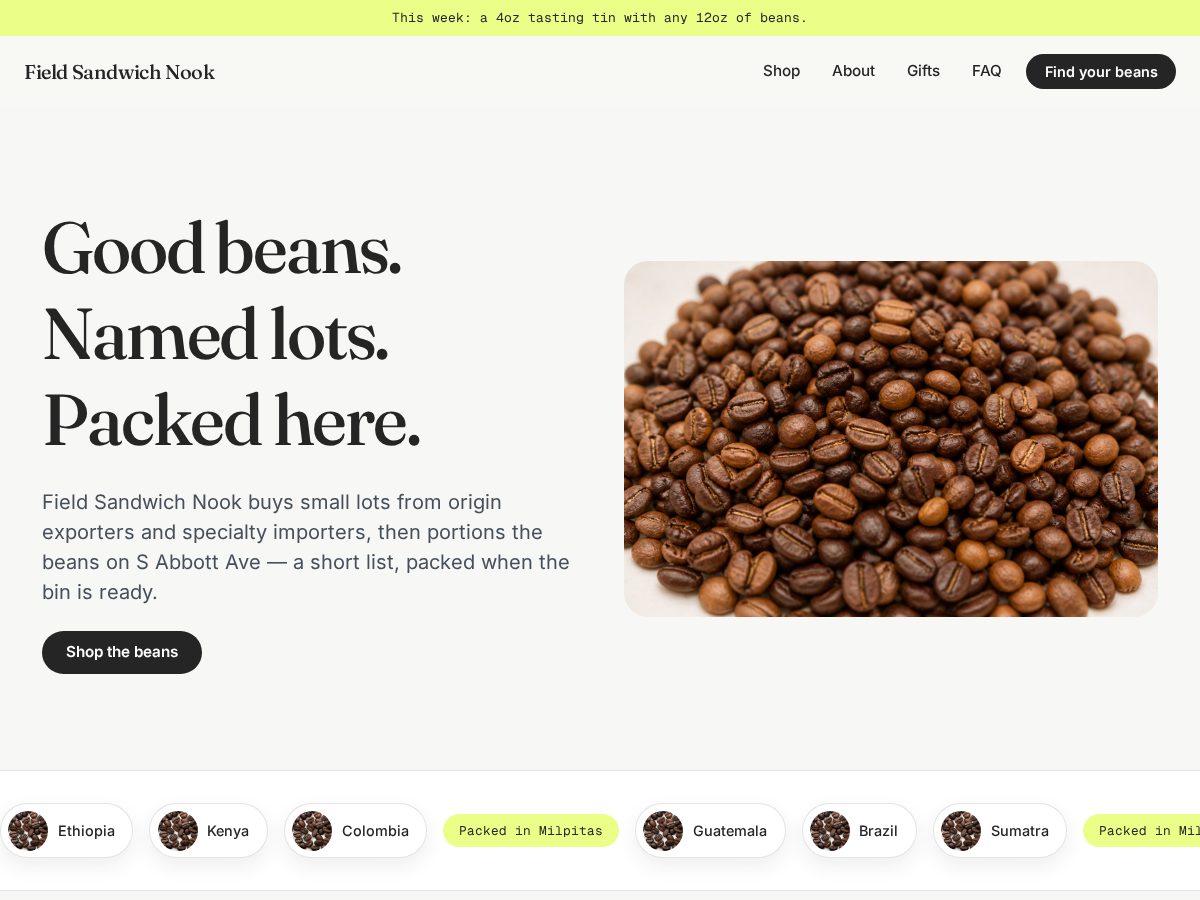 Landing-page snapshot of fieldsandwichnook.com
