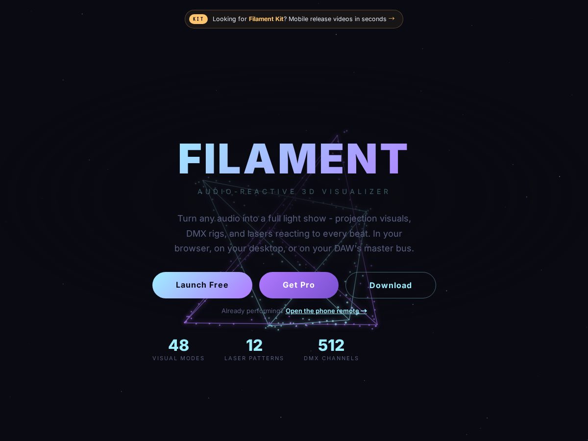 Landing-page snapshot of filamentvj.com