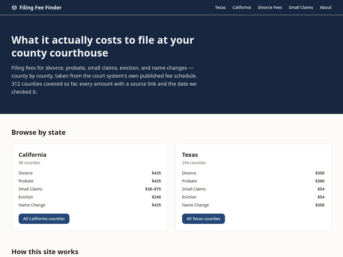 Landing-page snapshot of filingfeefinder.com