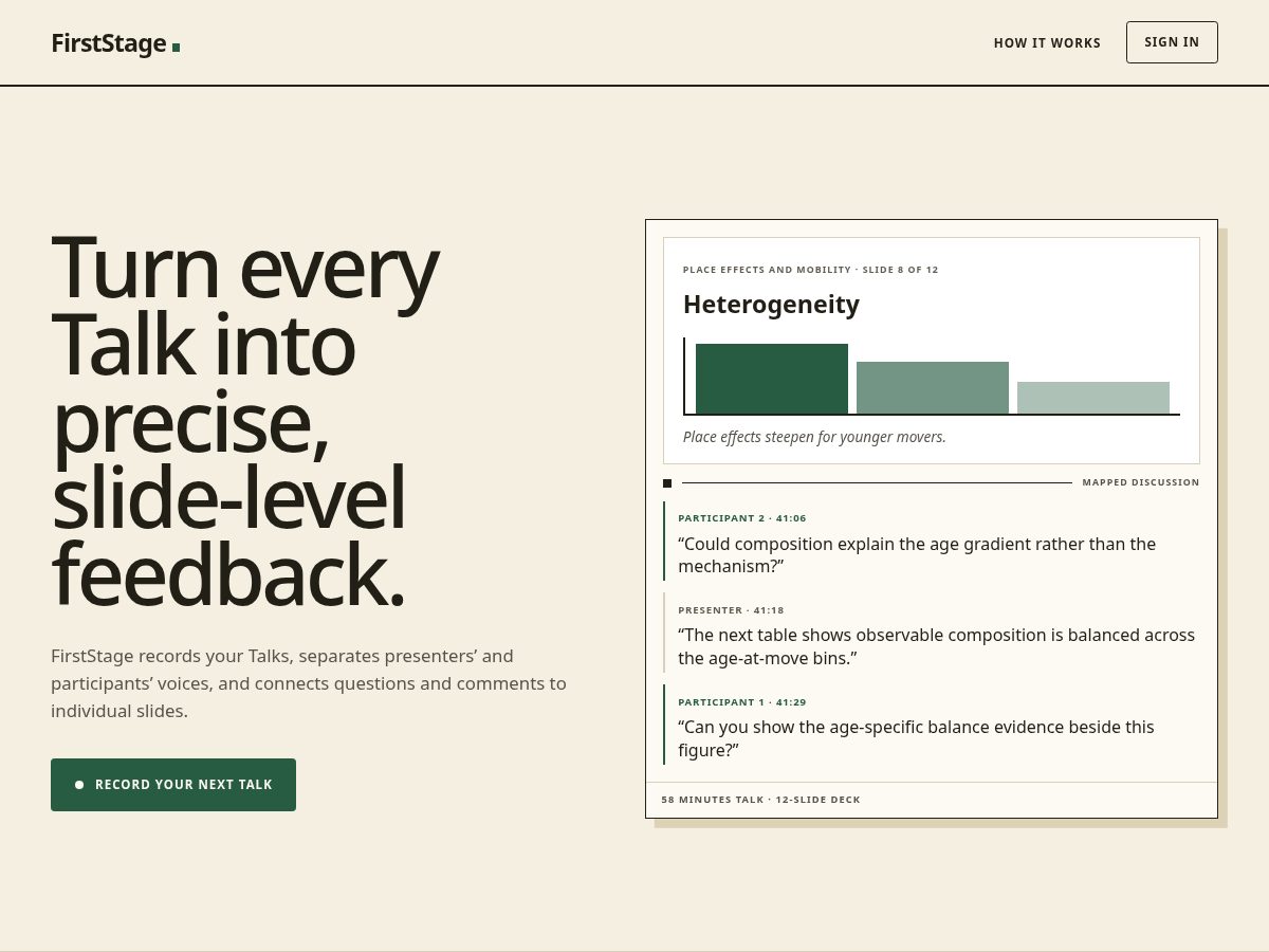 Landing-page snapshot of firststage.talk