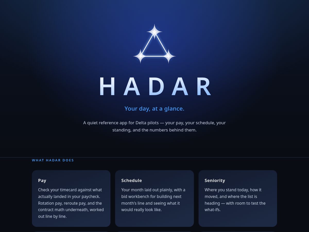 Landing-page snapshot of flyhadar.com