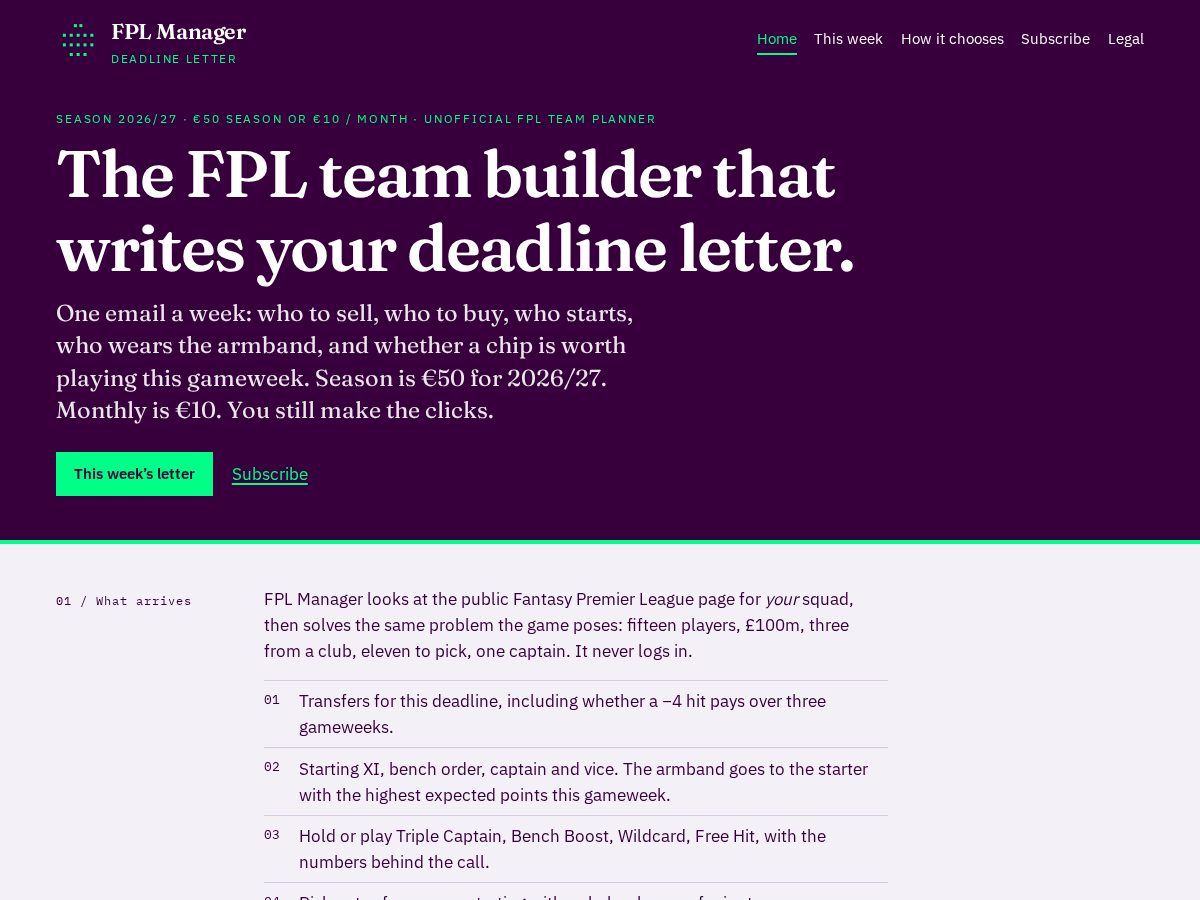 Landing-page snapshot of fpl-manager.com