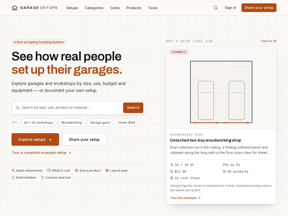 Landing-page snapshot of garagesetups.com