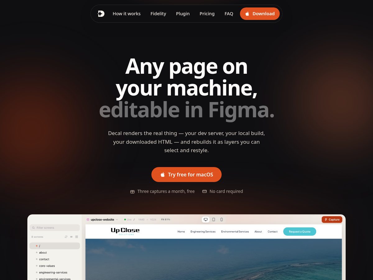Landing-page snapshot of getdecal.app