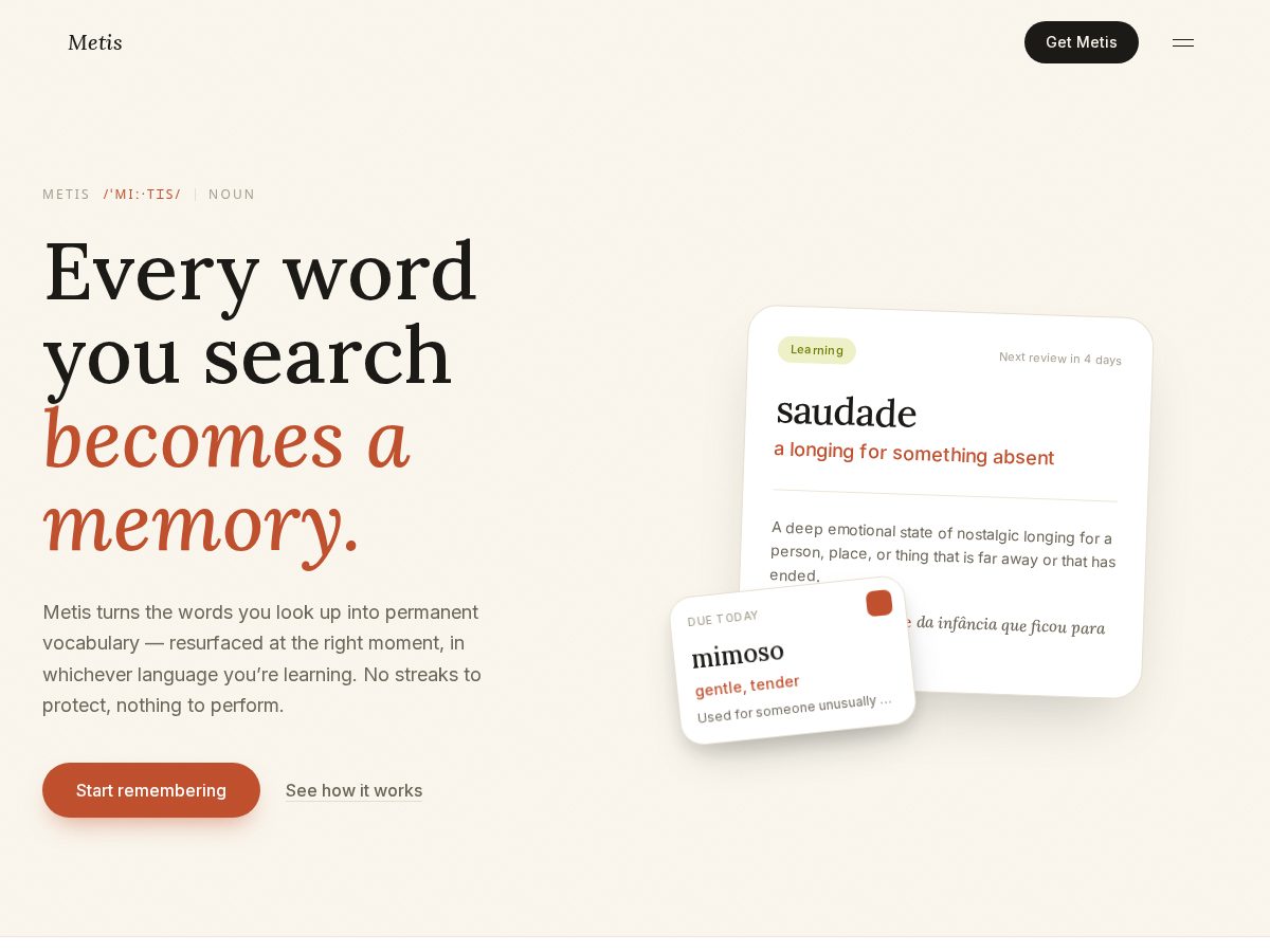 Landing-page snapshot of getmetisapp.com