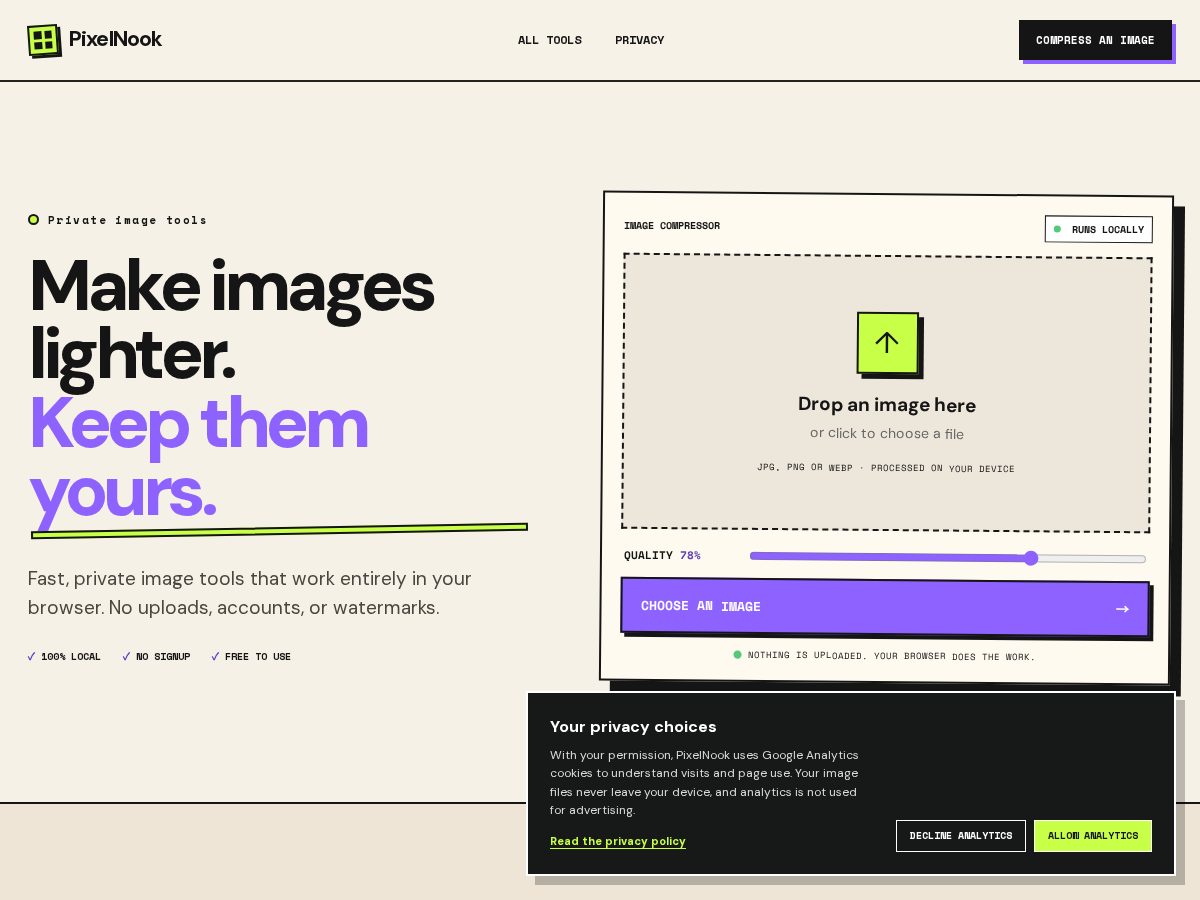 Landing-page snapshot of getpixelnook.com