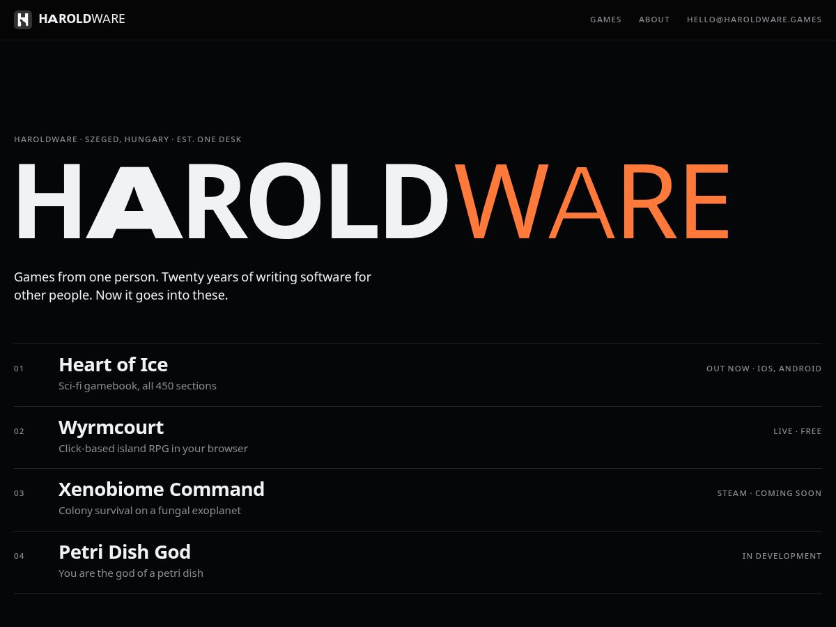 Landing-page snapshot of haroldware.games