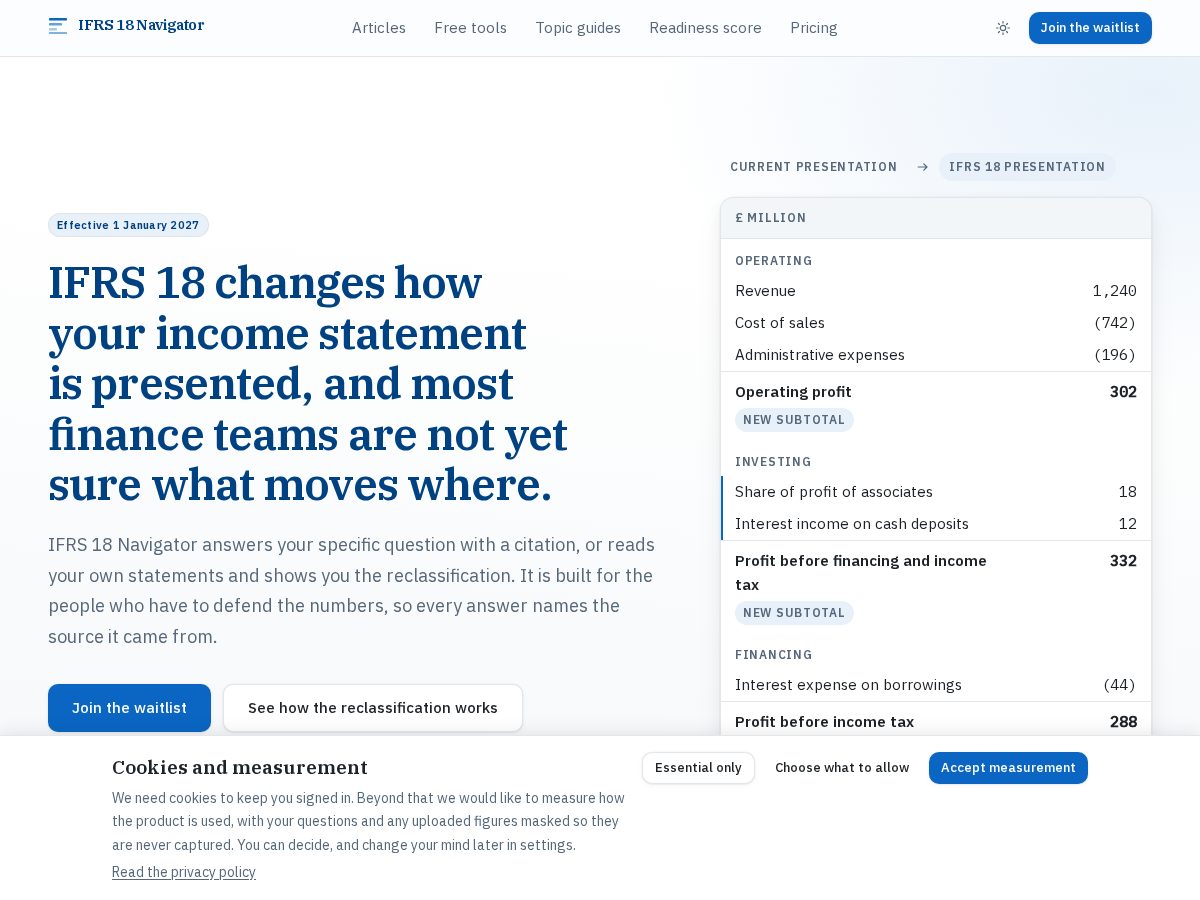 Landing-page snapshot of ifrs18navigator.com